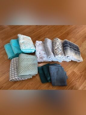 Assorted Hand Towels and facecloths in Teal, Aqua, Gray & Blue